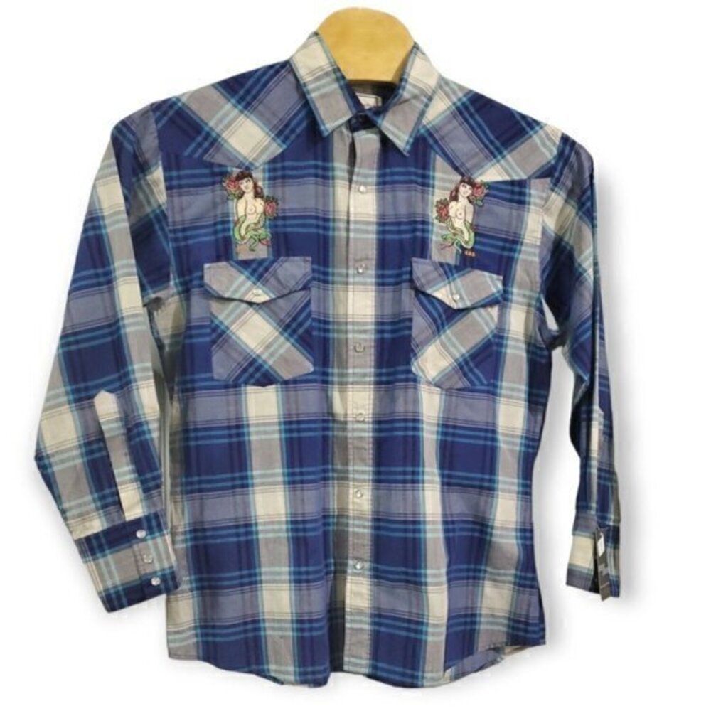 Western Plains Trading Co Blue, Grey Long Sleeve Embroidered‎ Western Pearl Snap - Picture 2 of 9